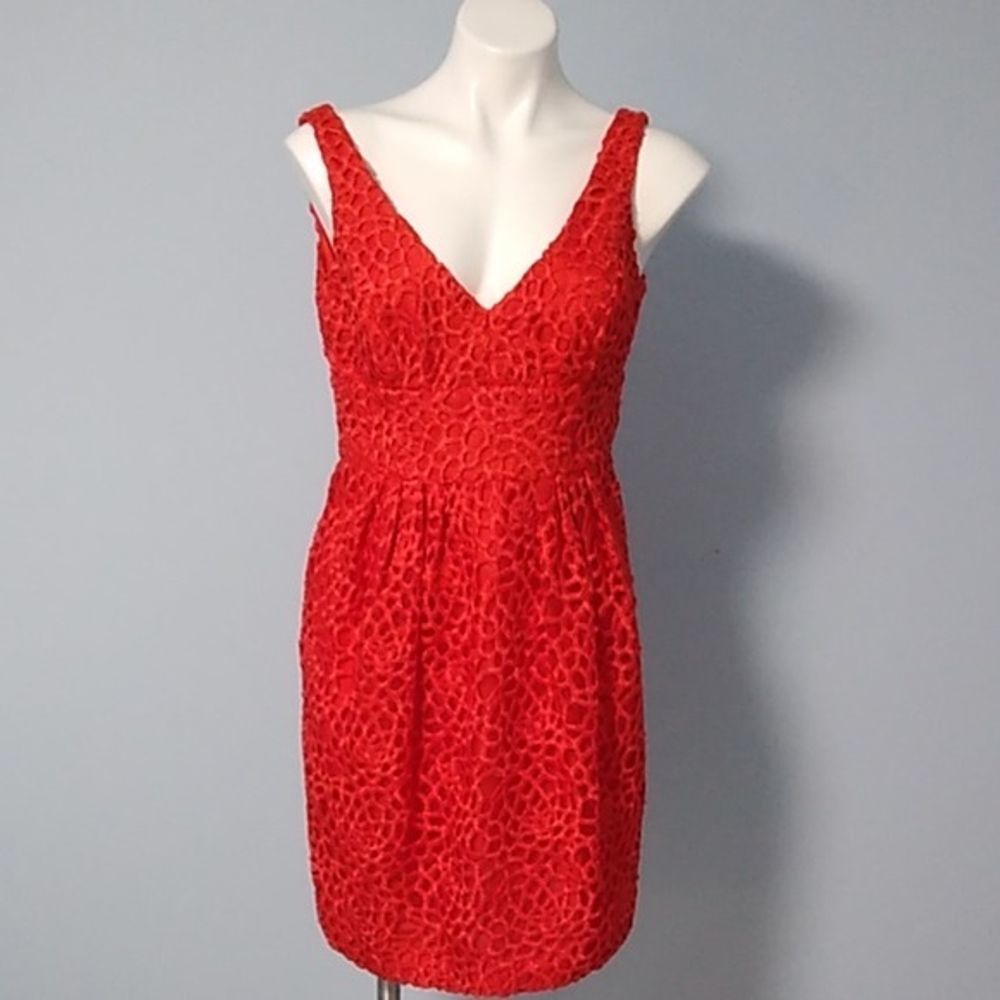 Carmen Marc Valvo red eyelet cocktail dress 6